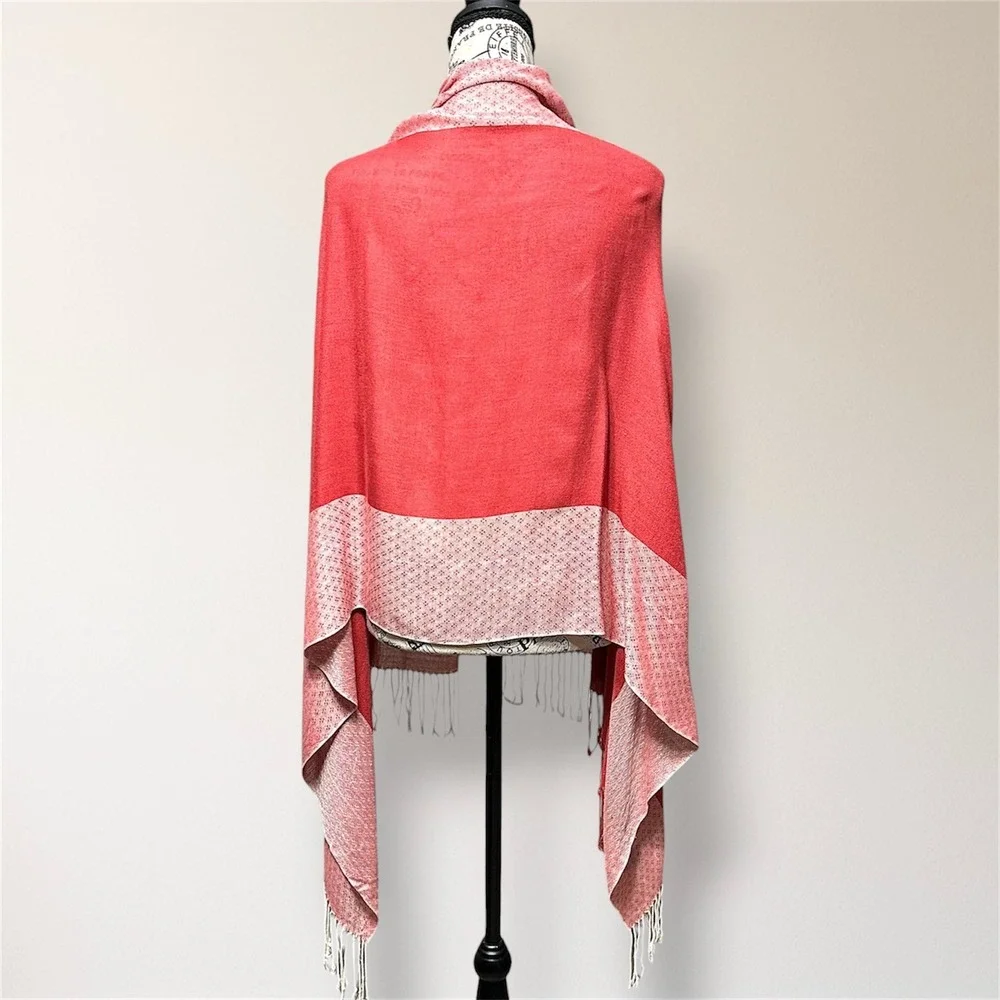 Pashmina‎ 100% Pashmina Jacquard Fringe Shawl Wrap Pink Coral Reversible Travel